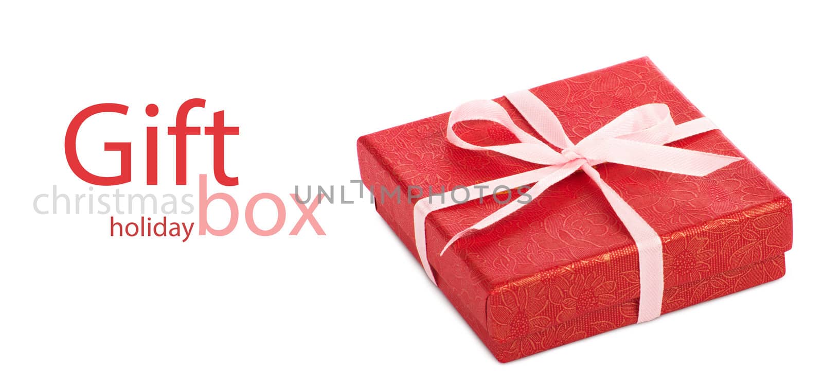 Single red gift box with pink ribbon on white background.