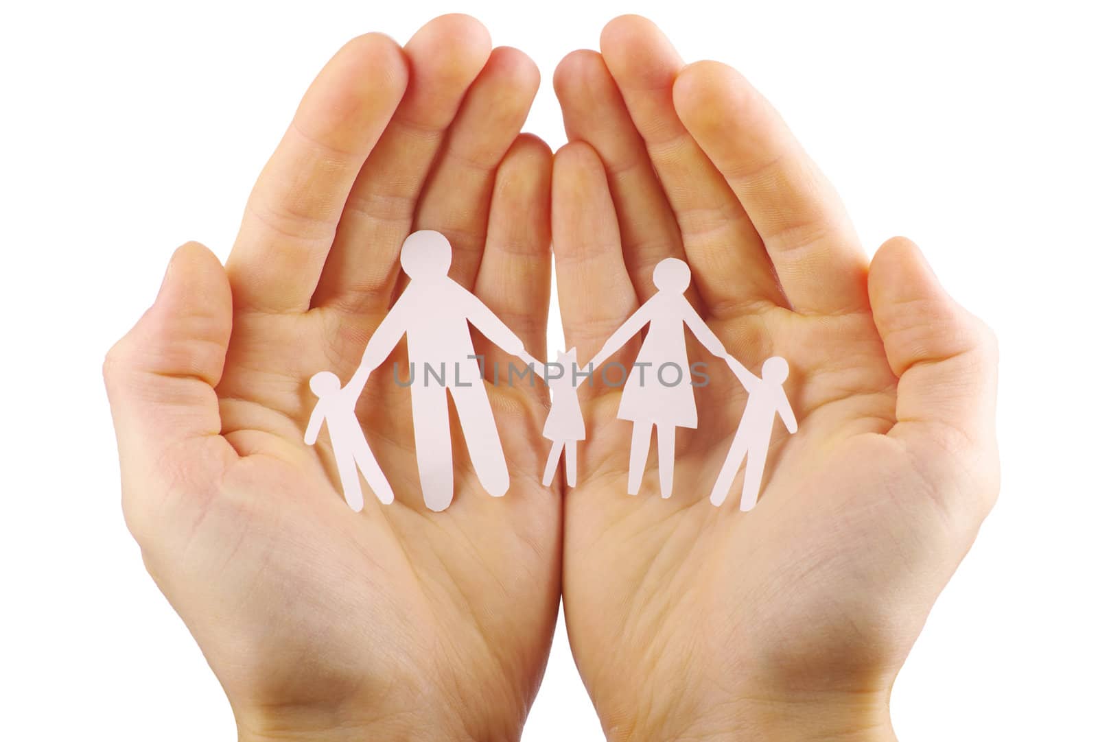 Paper family in hands isolated on white background