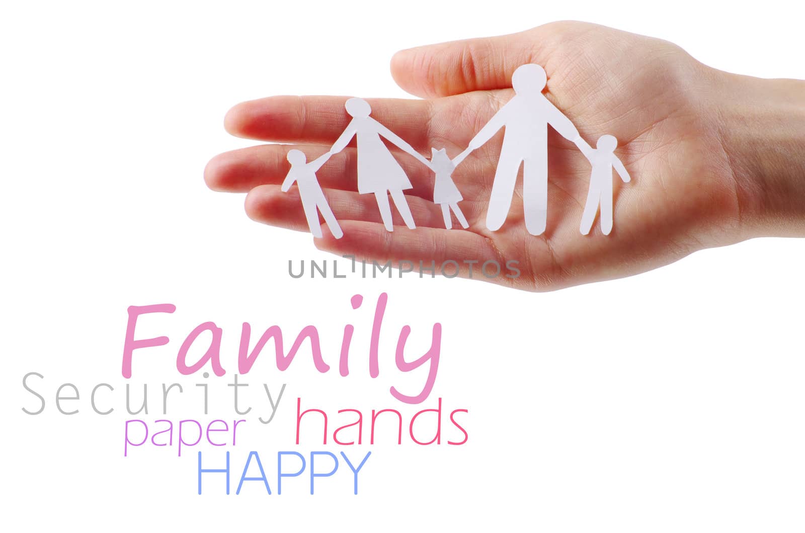 Paper family in hands isolated on white background