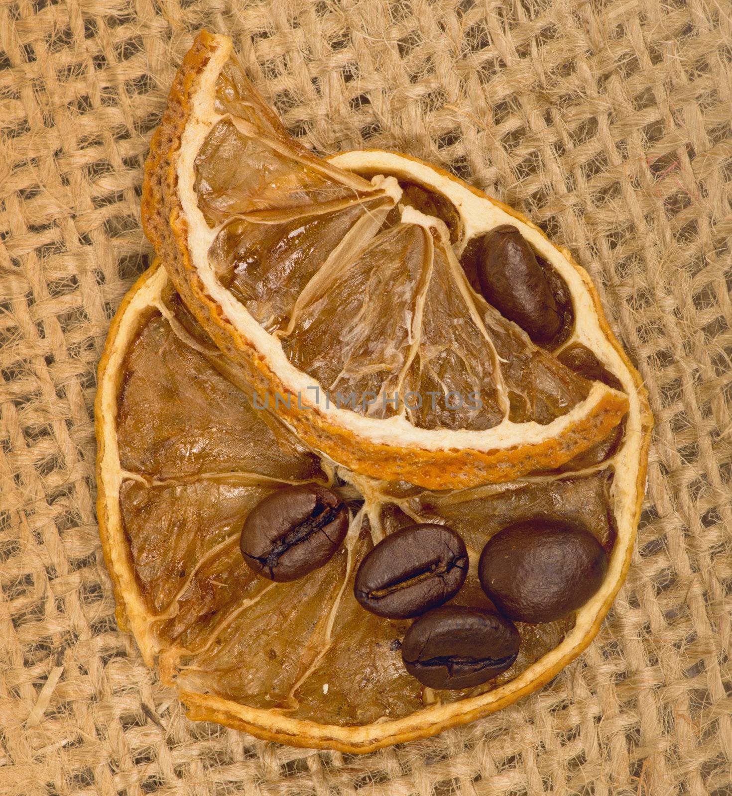 lemons and coffee beans on burlap
