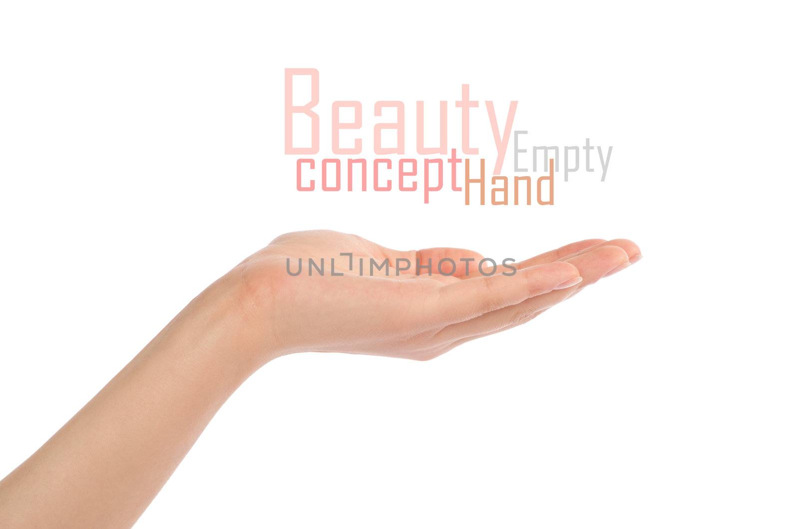 Close-up of beautiful woman's hand, palm up. Isolated on white background