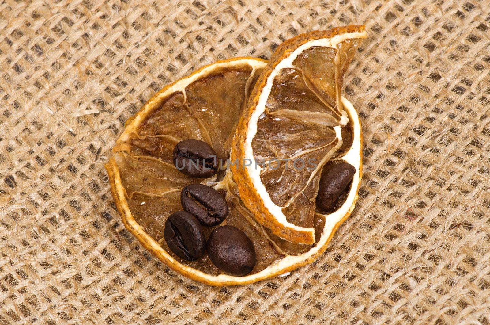 lemons and coffee beans on burlap