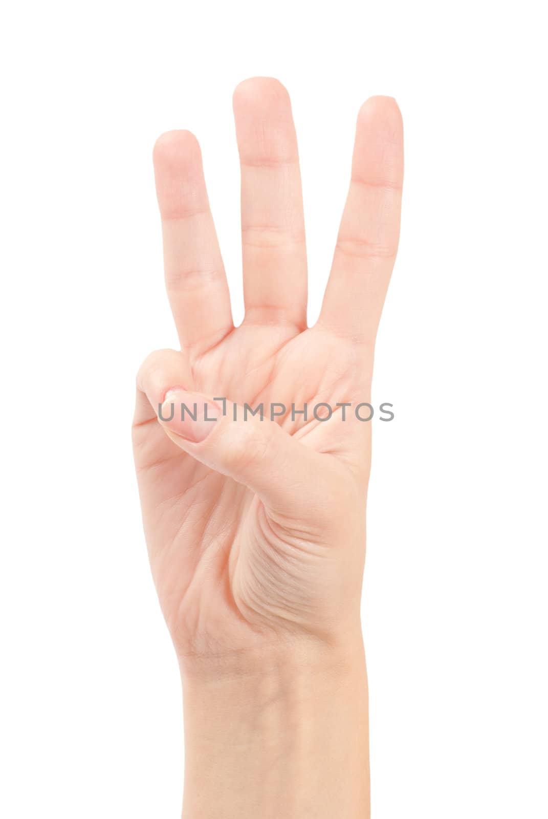 Female hands counting number three isolated on white
