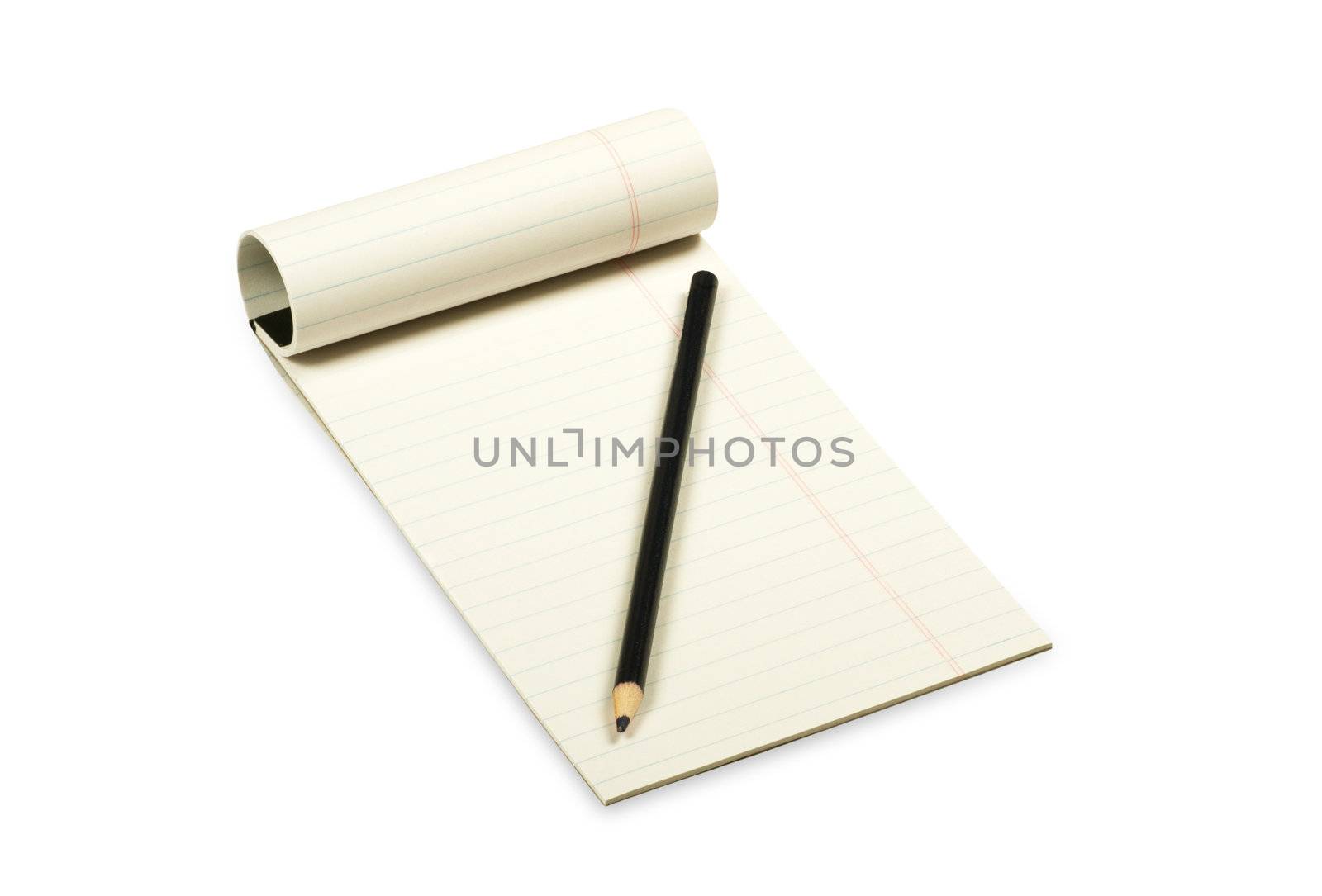 yellow paper for reading with pencil isolated on white