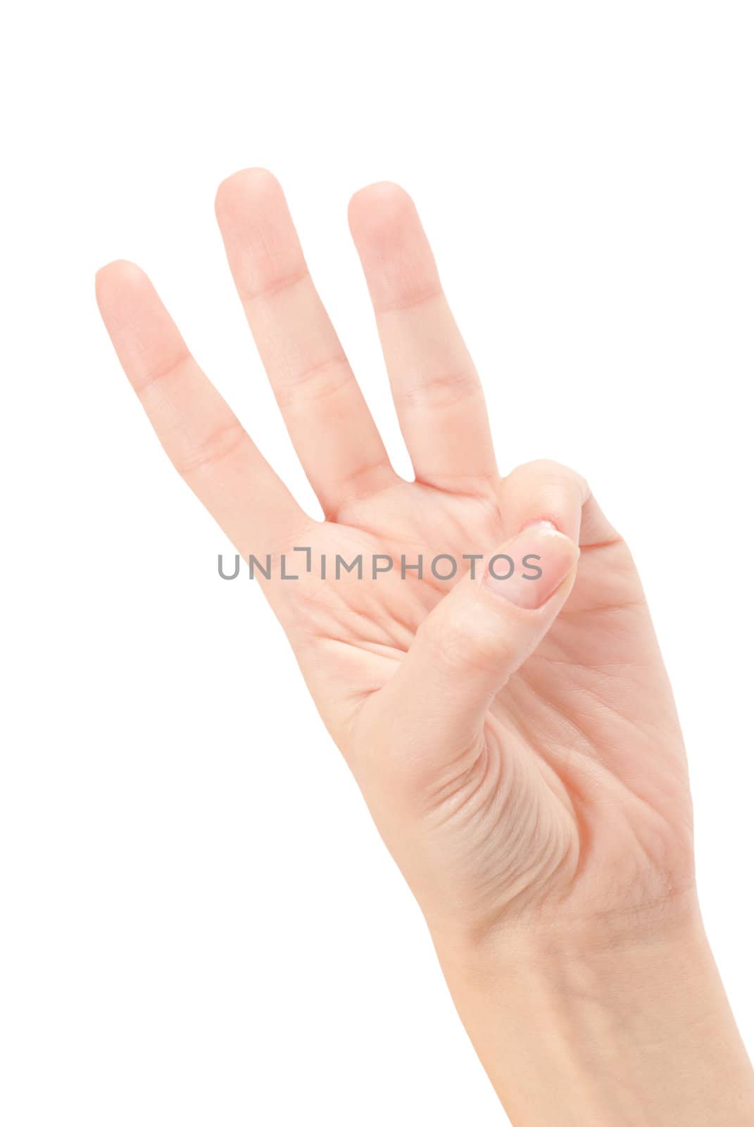 Female hands counting number three isolated on white