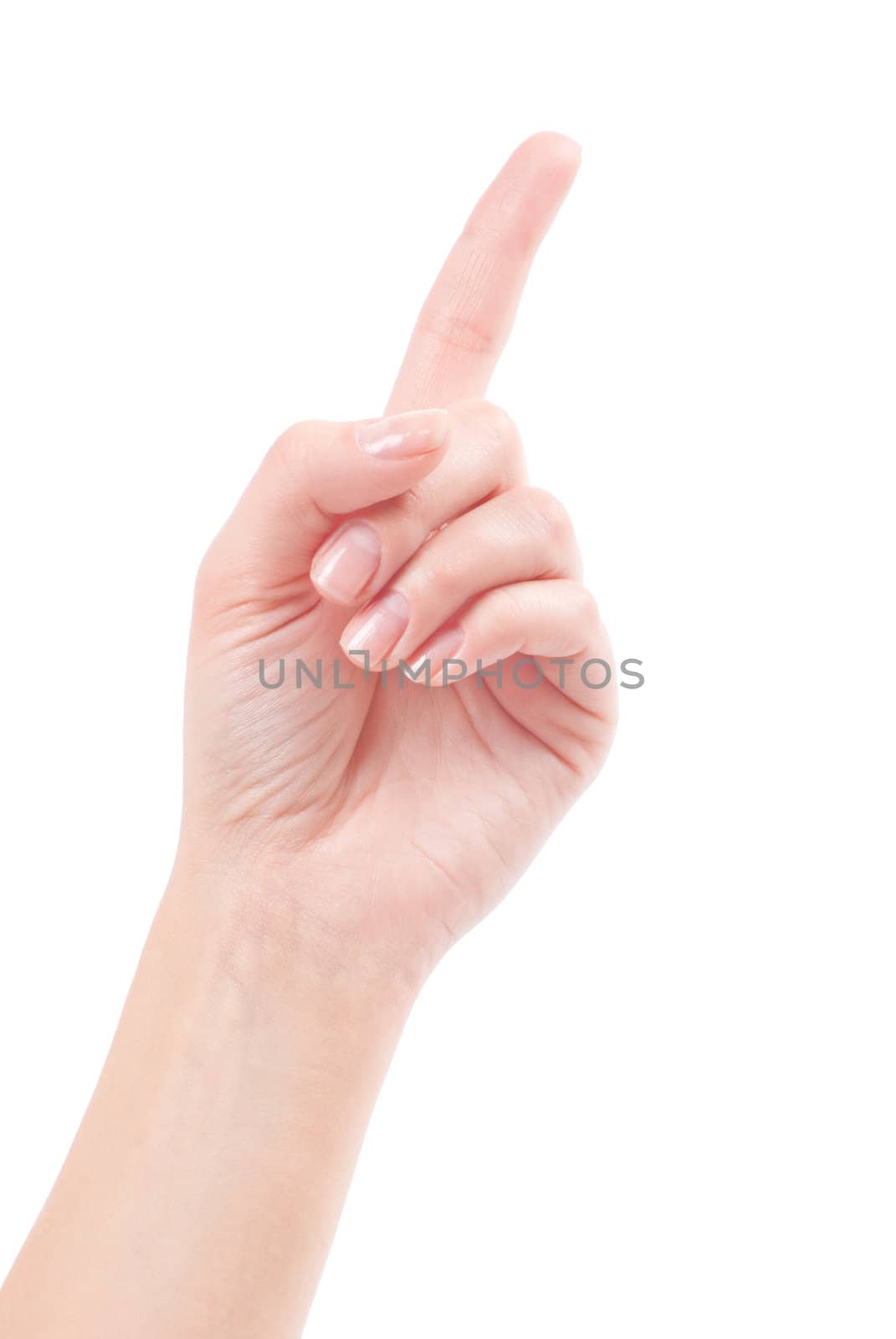 Hand with index finger, isolated on a white background