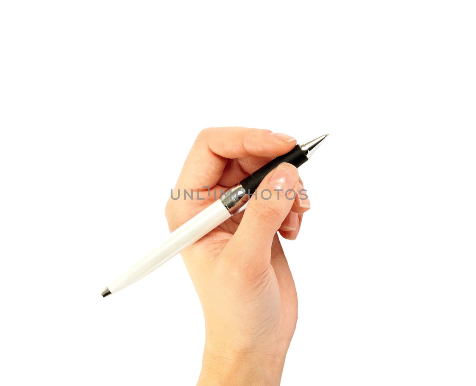 Closeup of a hand writing, on isolated on white background.