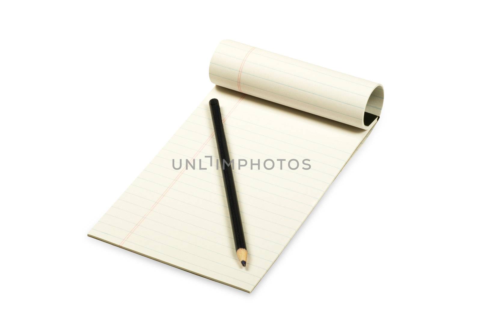 yellow paper for reading with pencil isolated on white