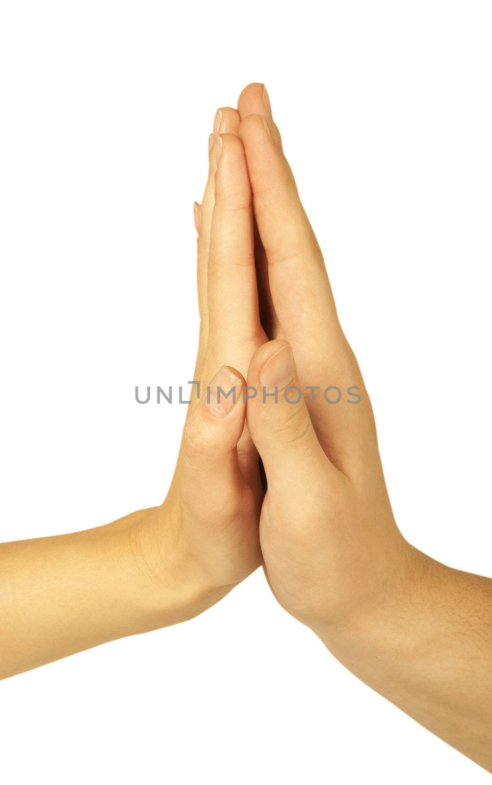 Hands of woman and man over white background