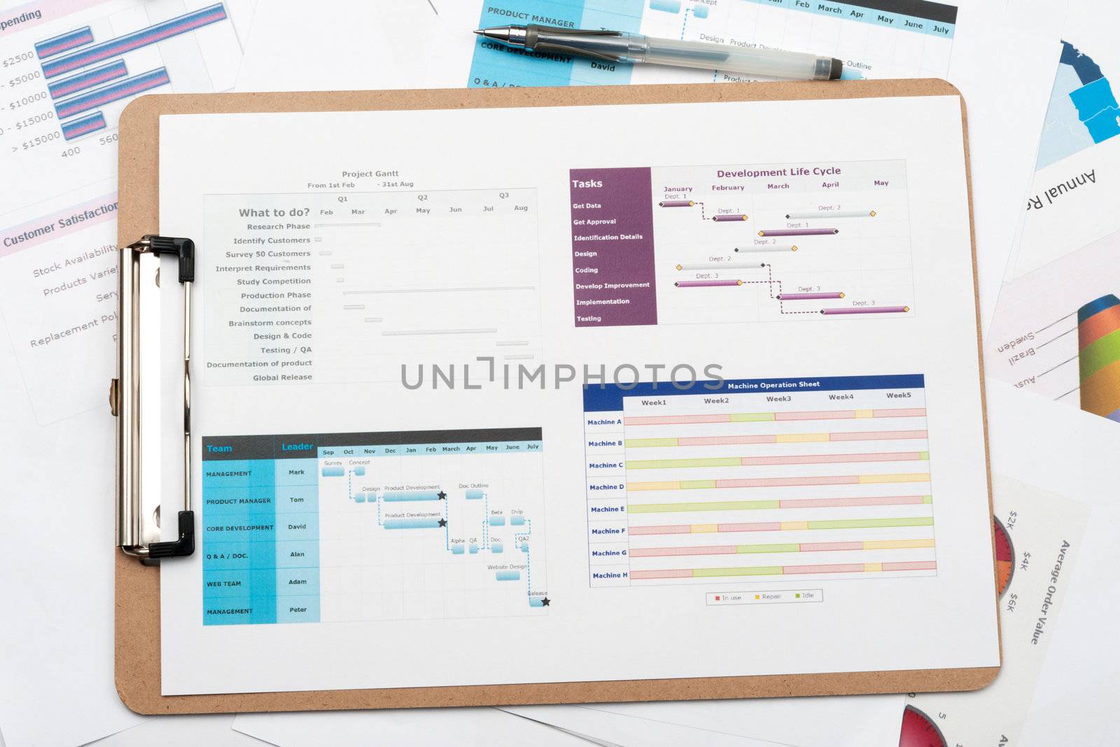 Gantt diagram printed on white paper with a pen on it