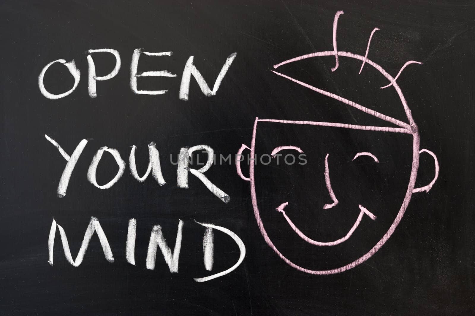 Open your mind concept chalk drawing on the blackboard