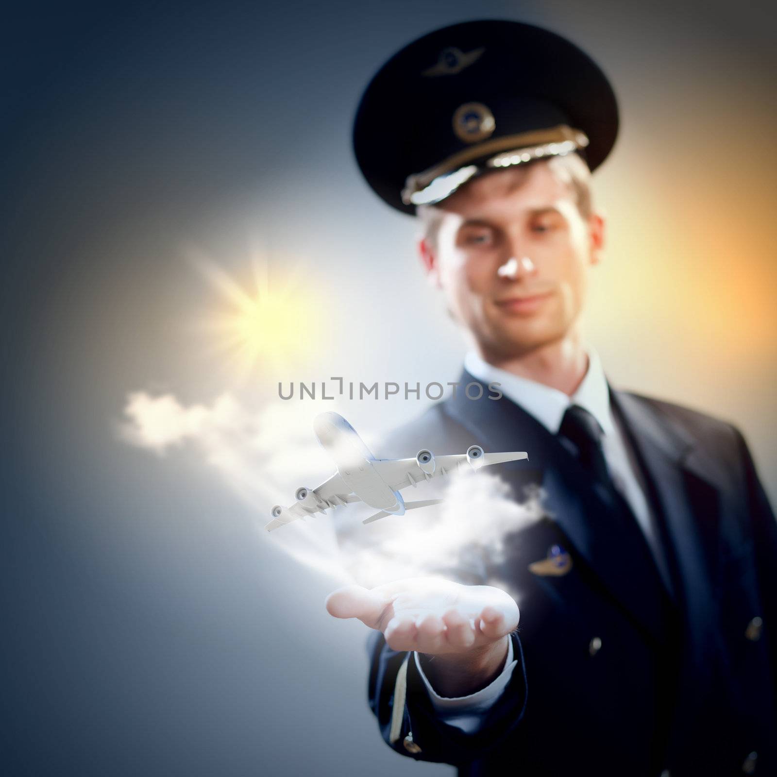 Image of pilot with airplane taking off from his hand