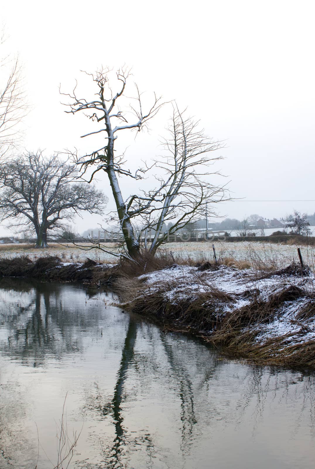 snow scene with river running through