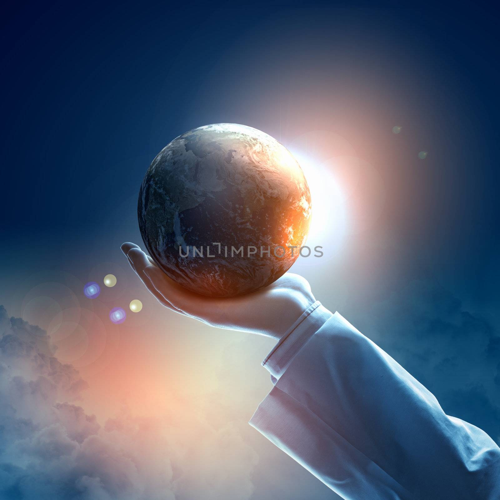 Hand of businessman holding earth planet against illustration background