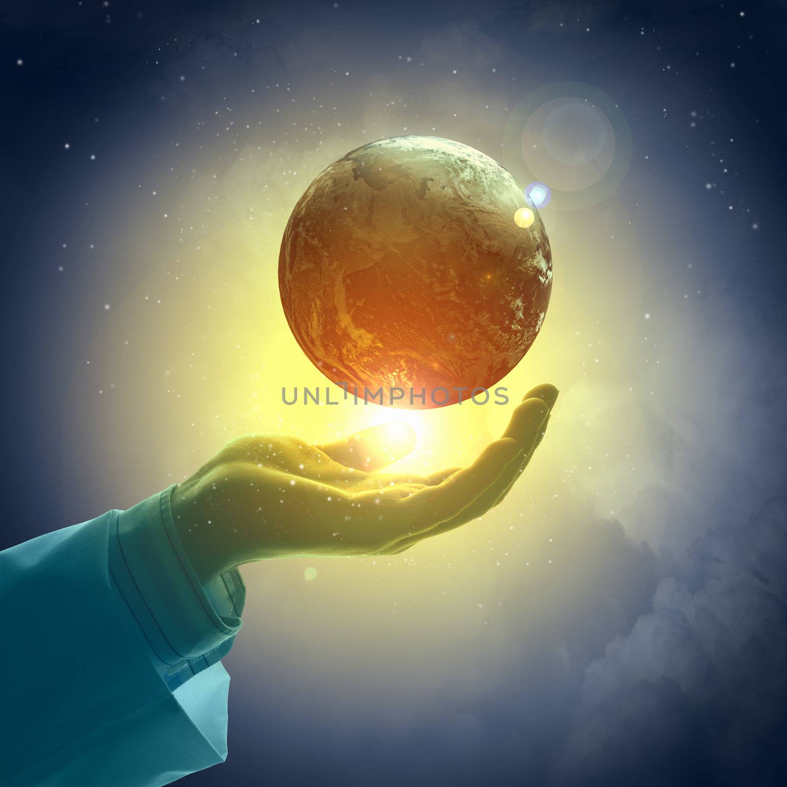 Hand of businessman holding earth planet against illustration background