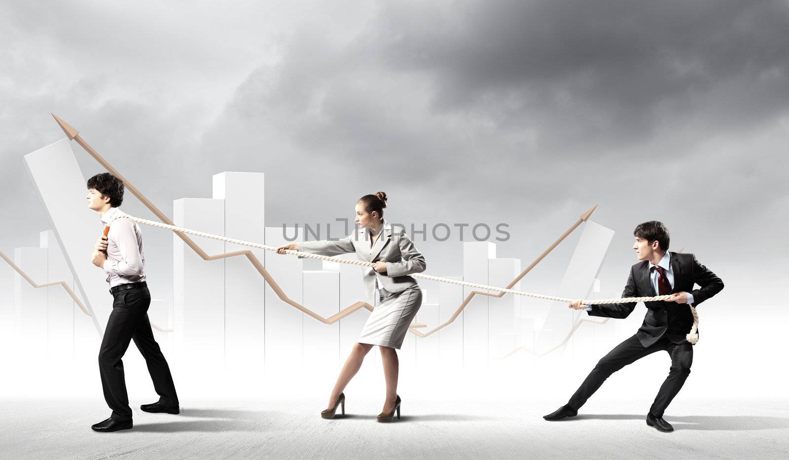 Image of three businesspeople pulling rope with bars picture in background