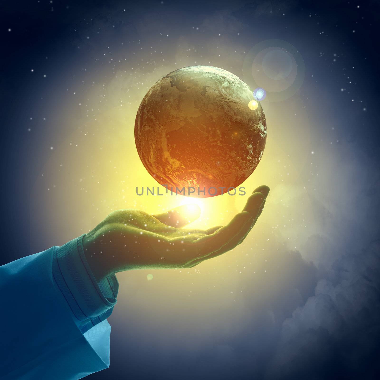 Hand of businessman holding earth planet against illustration background