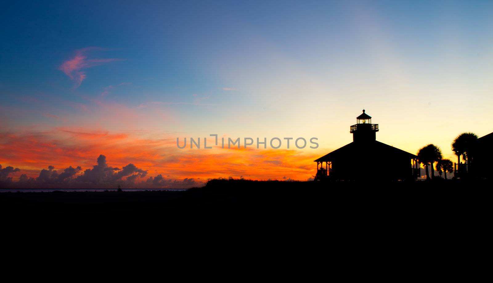 Sunset over a small light house 