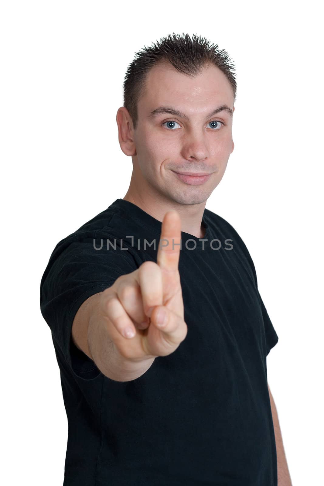 Portrait of a handsome young man pointing finger up - all on white background