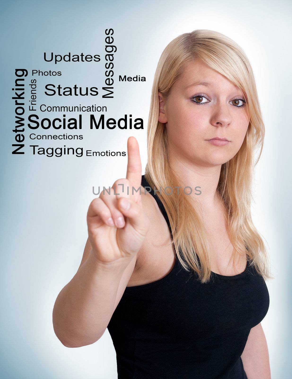 Blonde woman thinking about social media 