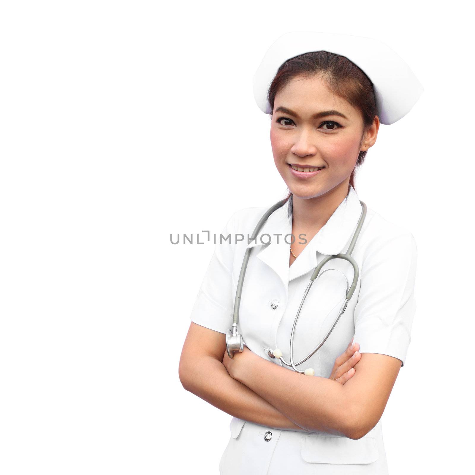 Female nurse standing with white background