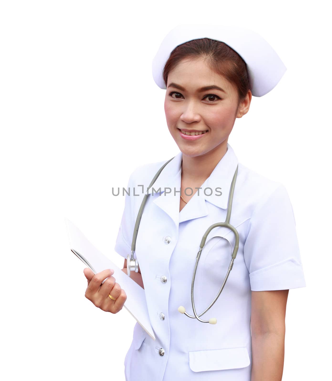 young nurse holding medical report and stethoscope by geargodz