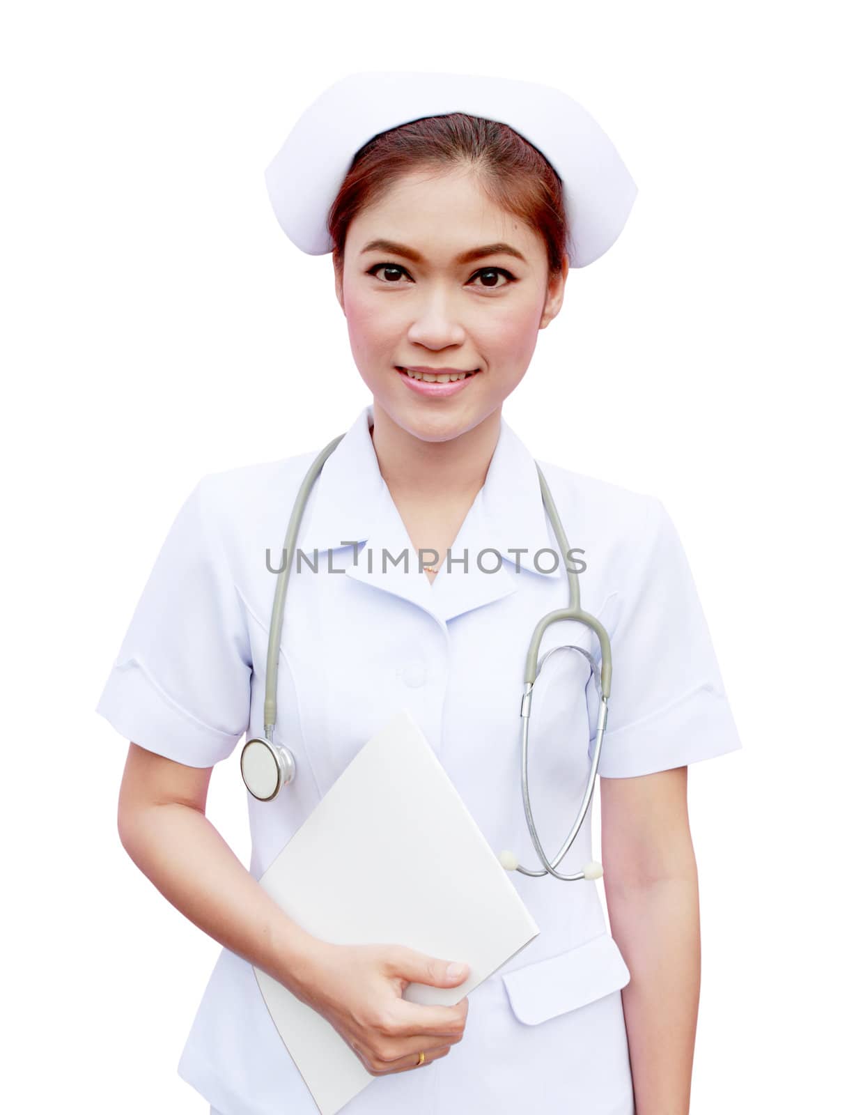 young nurse holding medical report and stethoscope on white background