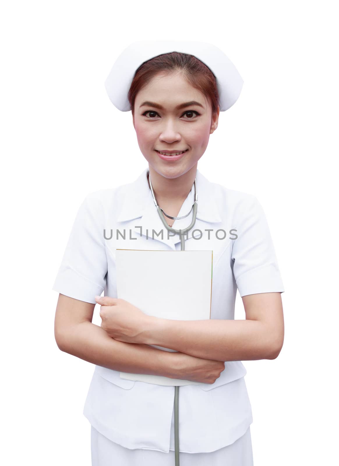 young nurse with medical report on white background