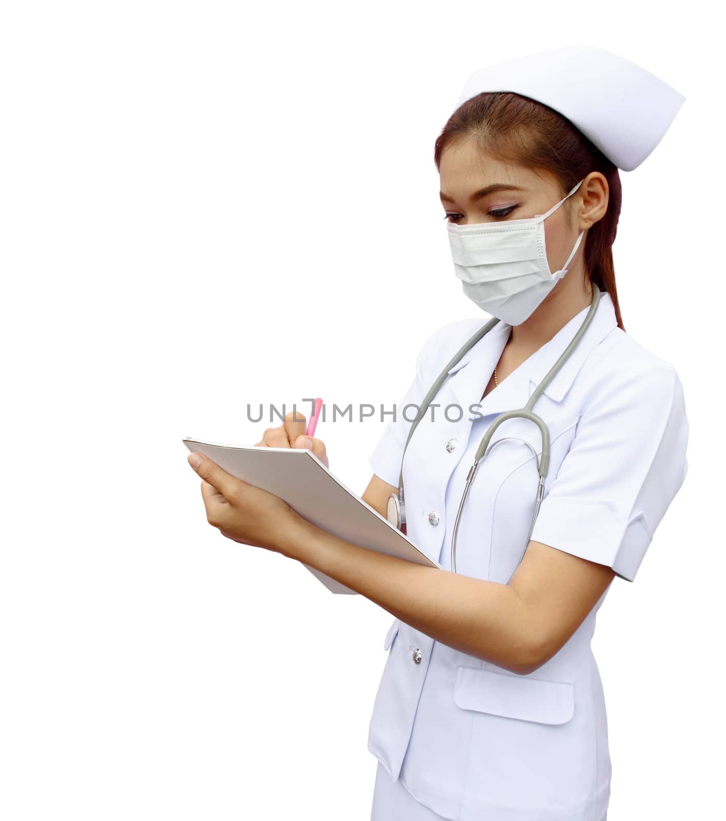 Asian female nurse writing medical report on white background