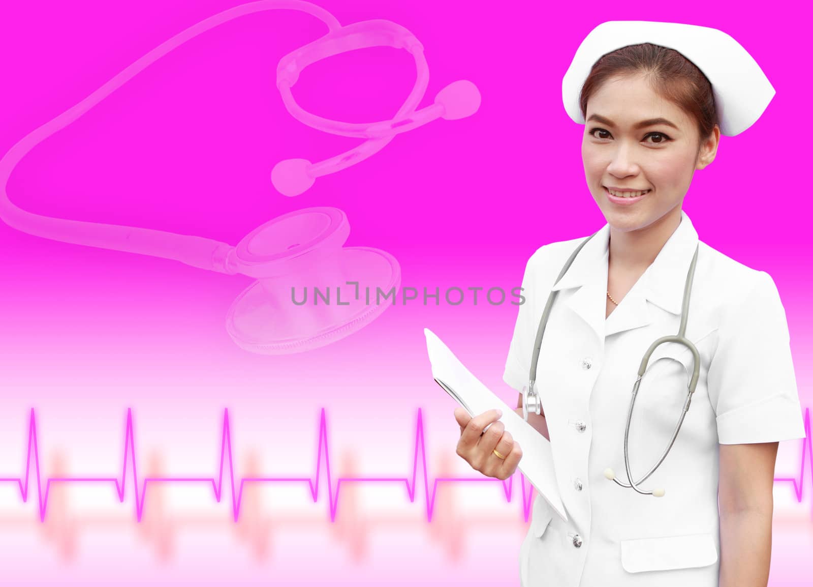 young nurse holding medical report with stethoscope and pulse background