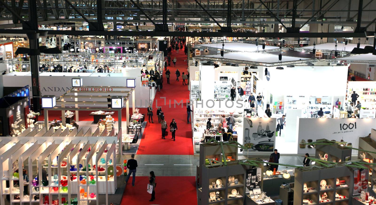 Panoramic view of people visiting Macef, International Home Show Exhibition dedicated to interior design, home luxury and furniture innovation in Milan, Italy.