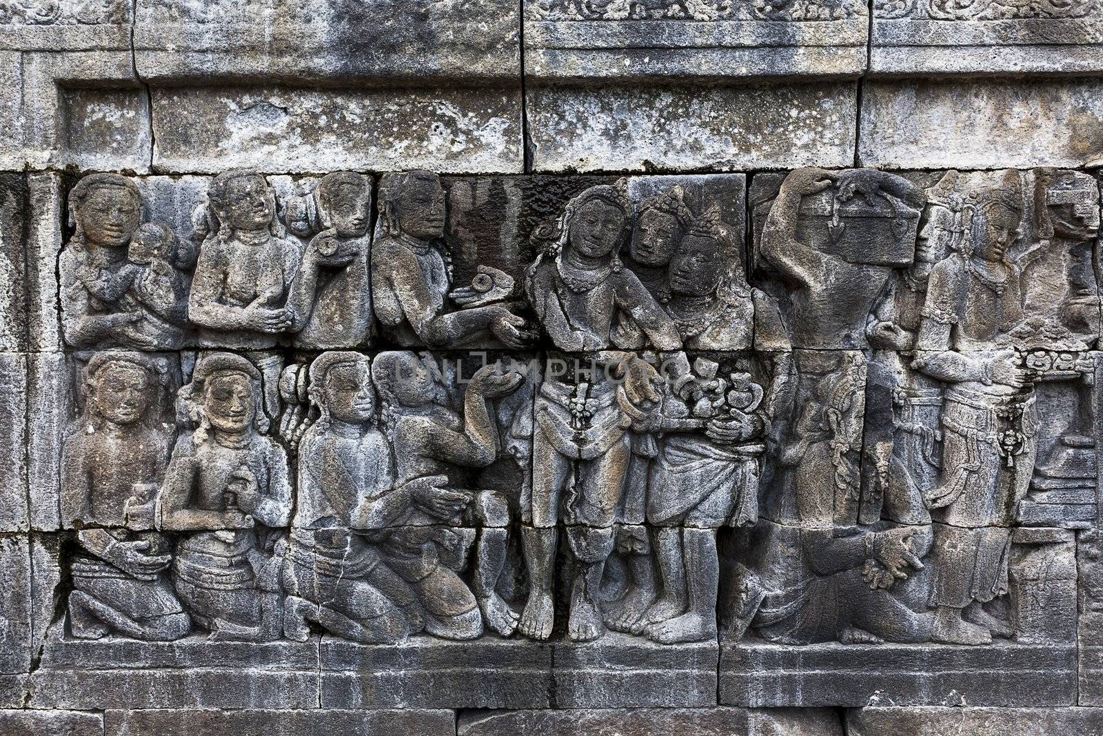 Carved stone at Borobudur temple on Java, Indonesia