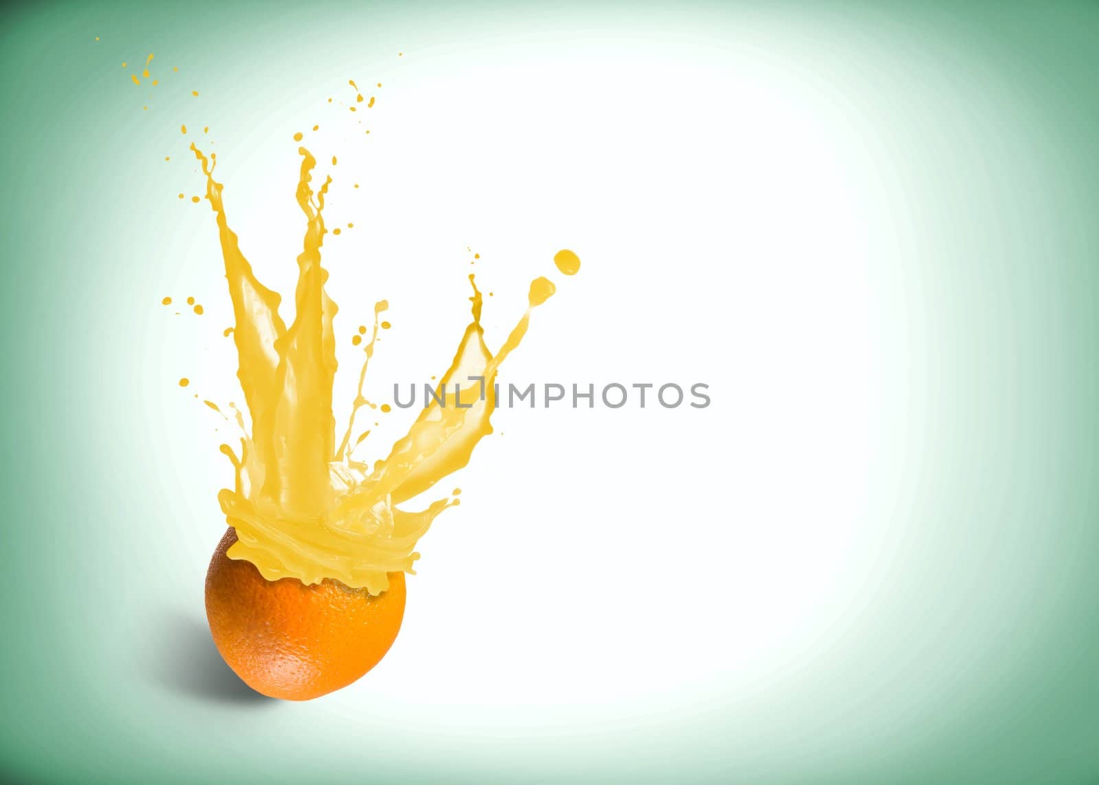 ice cubes fall into the orange, spray and splashes of juice