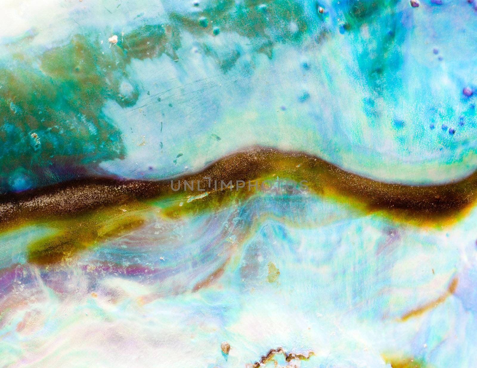 Iridescent nacre mother-of-pearl inner side of Paua, Perlemoen or Abalone shell macro background texture pattern