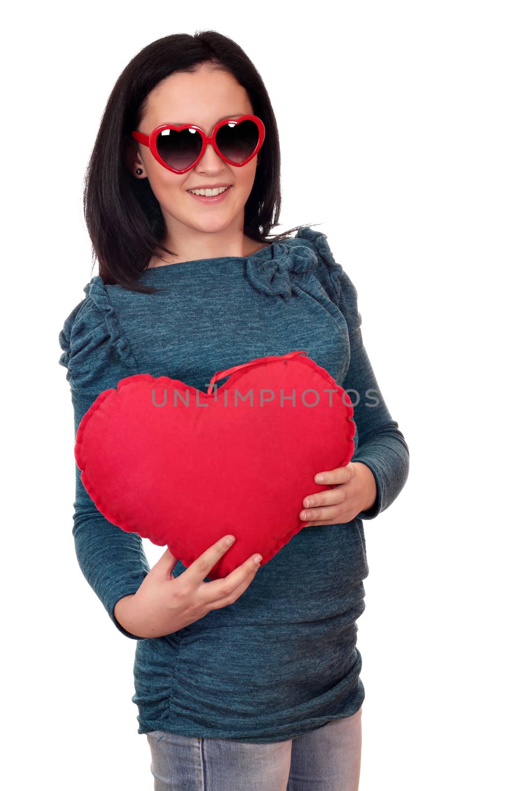 happy teenage girl with red heart on white  by goce