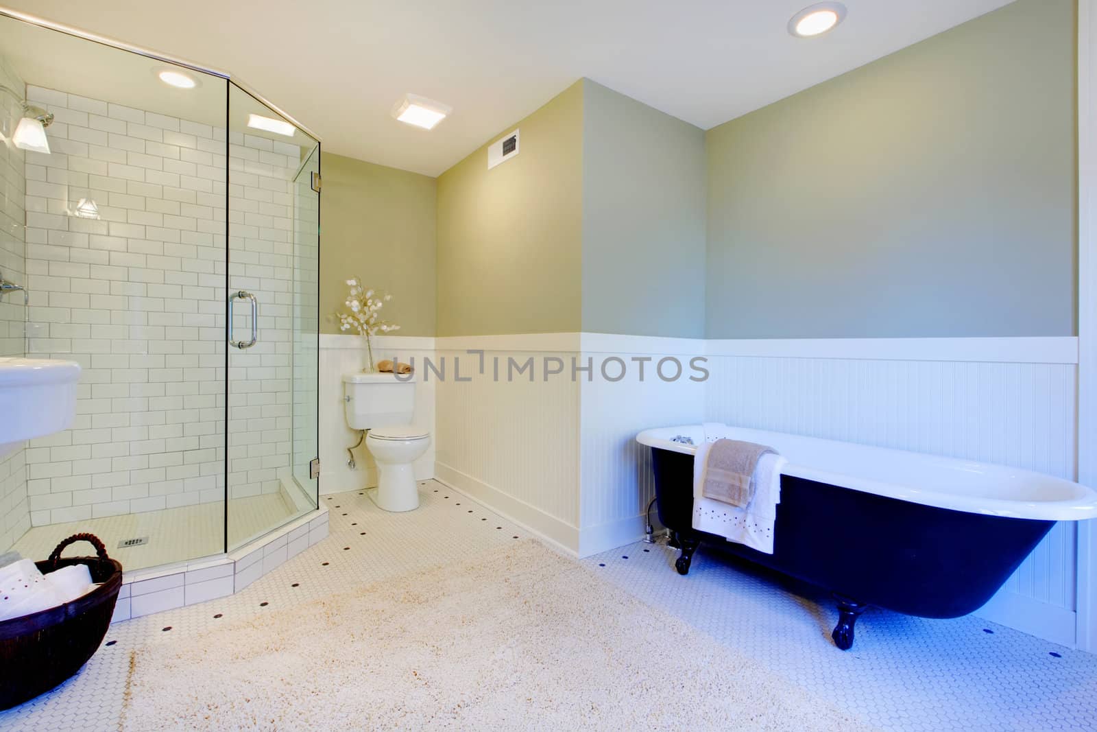 Luxury bathroom with iron tub and modern shower