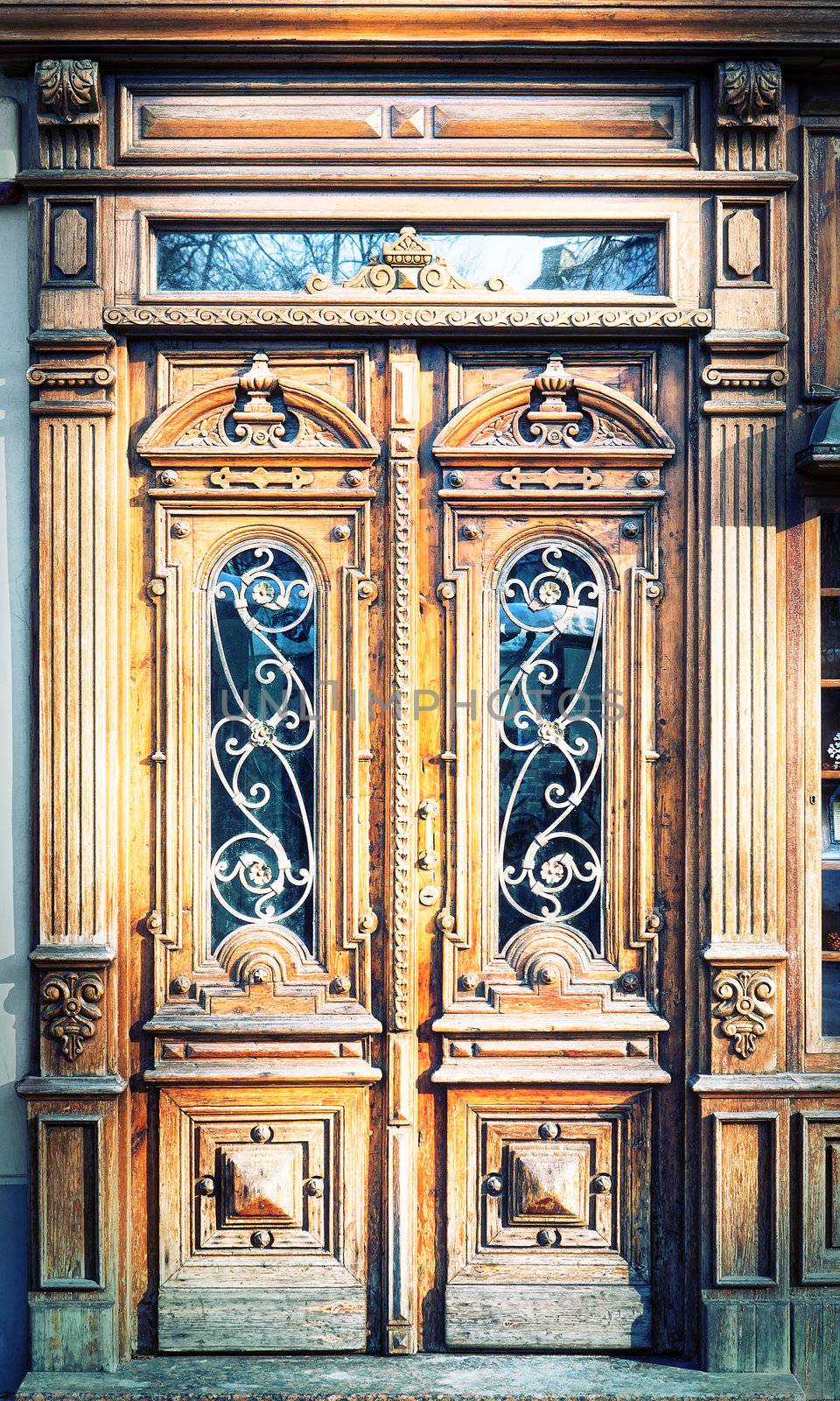Old carved wooden doors. Vilnius, Old Town, Lithuania