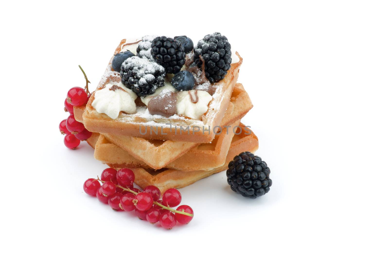 Arrangement of Delicious Belgian Waffle, Various Berries and Whipped Cream closeup on white background