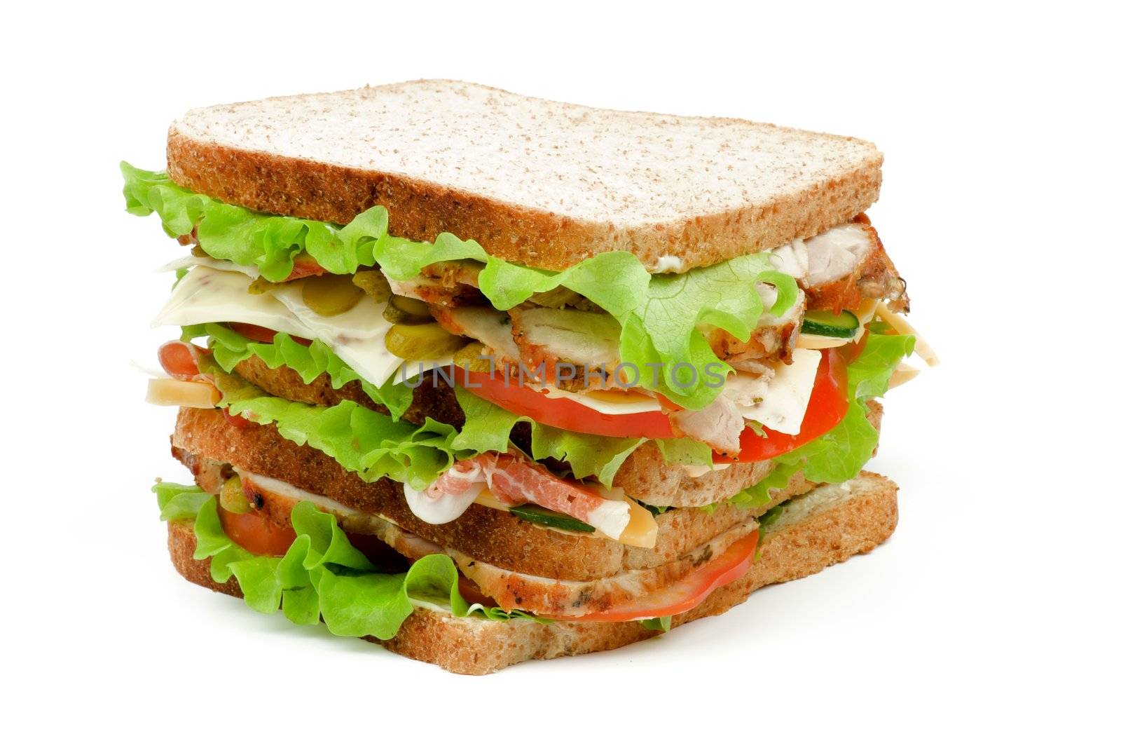 Turkey Meat Tasty Sandwich with Cheese, Tomato, Marinated  Gherkins and Lettuce on Whole Wheat Bread closeup isolated on white background