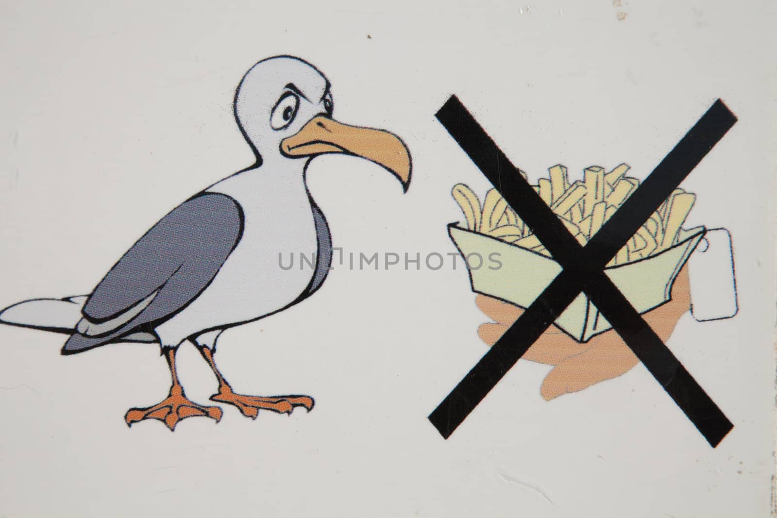 A white sign with a seagull and a carton of chips, fries with a cross depicting a warning not to feed the seagulls.