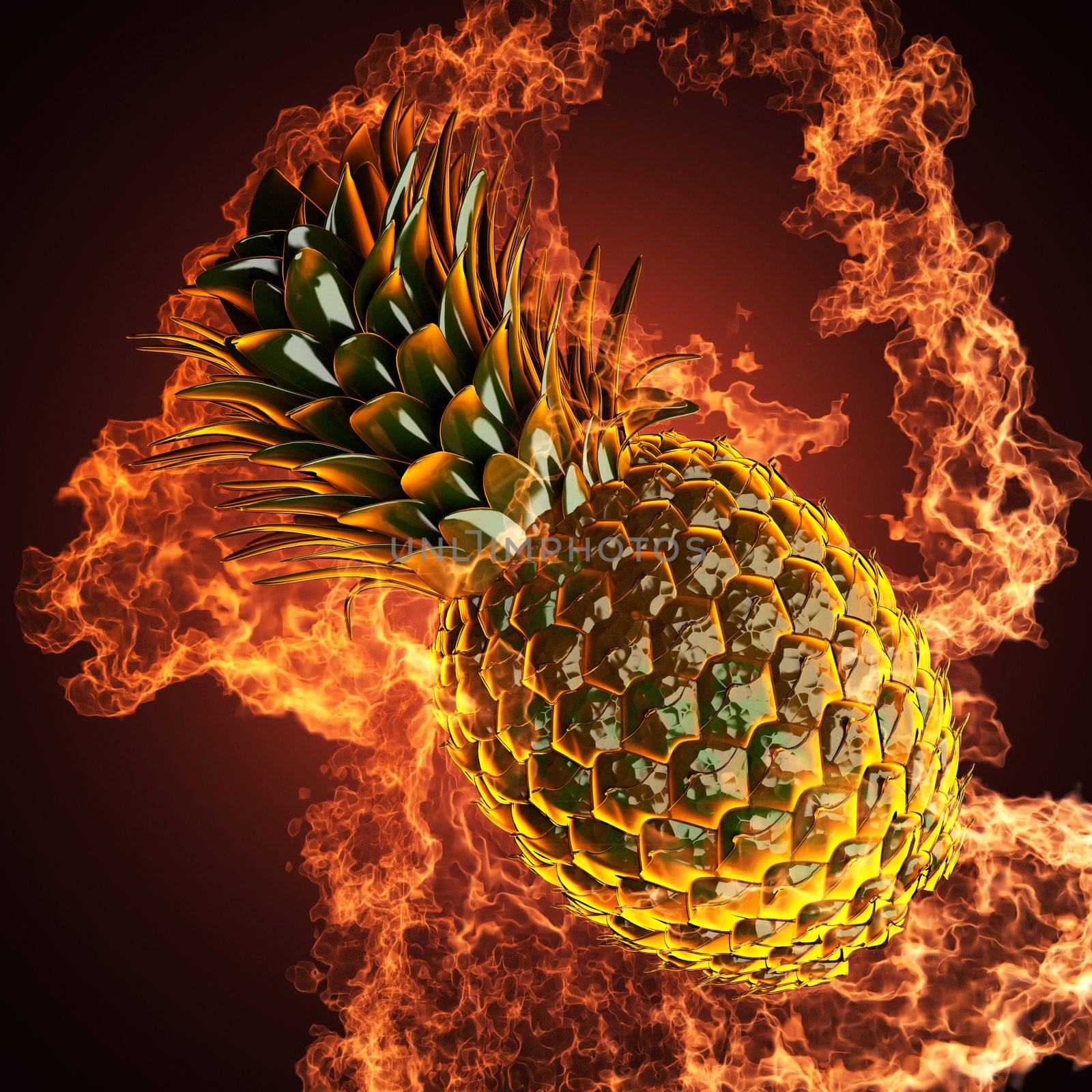 Pineapple in fire made in 3D