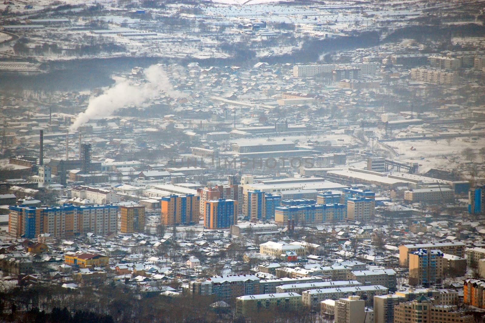 Winter Yuzhno-Sakhalinsk city hill view, Sakhalin, Russia
