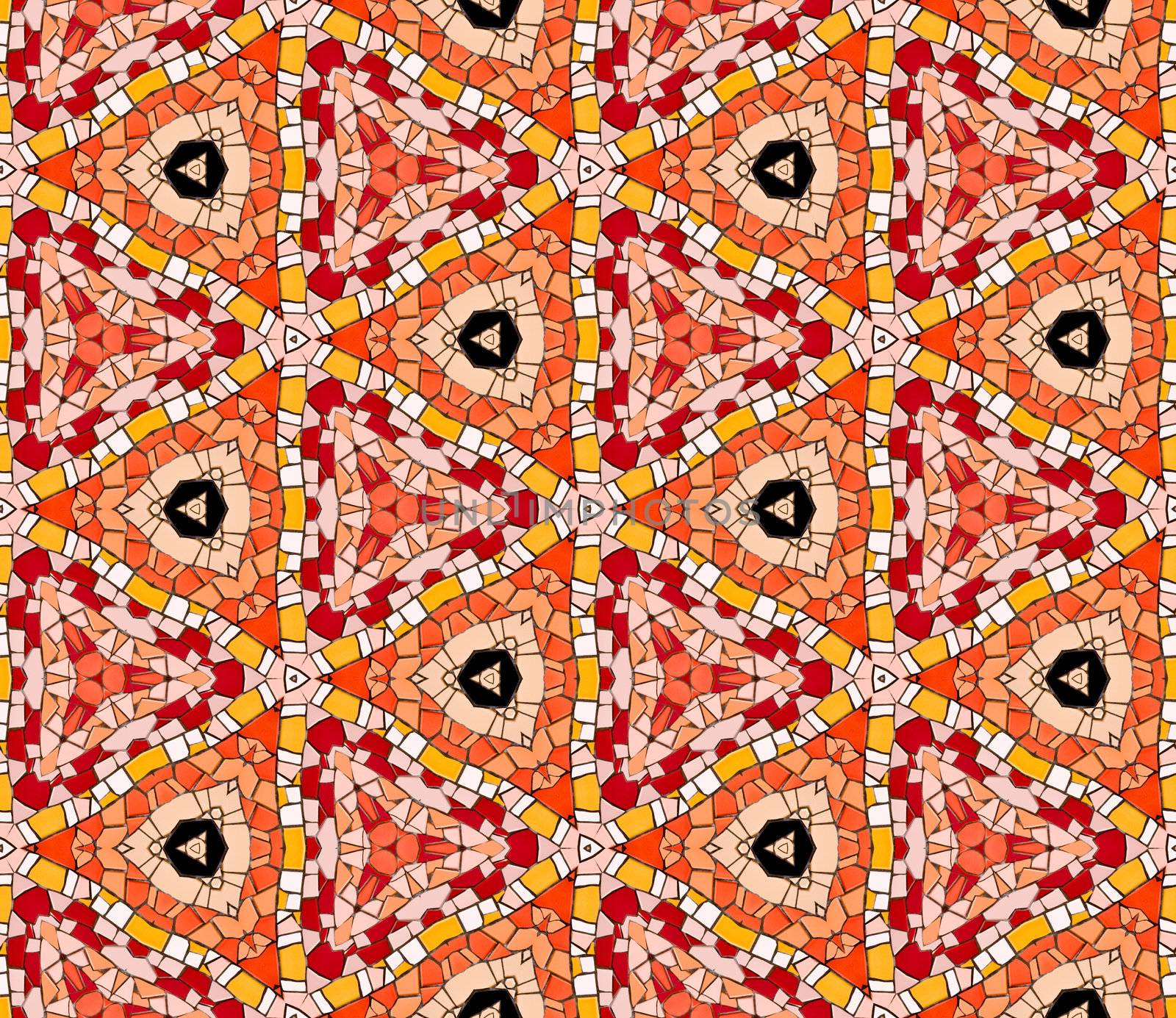 Seamless tiled mosaic pattern of kaleidoscopic altered hexagonal real ceramic tiles arranged to form colorful triangle shapes for a repeated textured background effect.