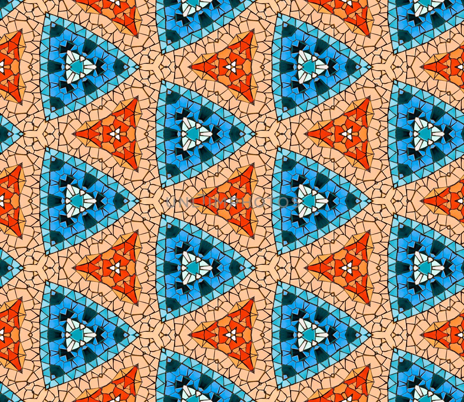 Seamless tiled mosaic pattern of kaleidoscopic altered hexagonal real ceramic tiles arranged to form colorful triangle shapes for a repeated textured background effect.