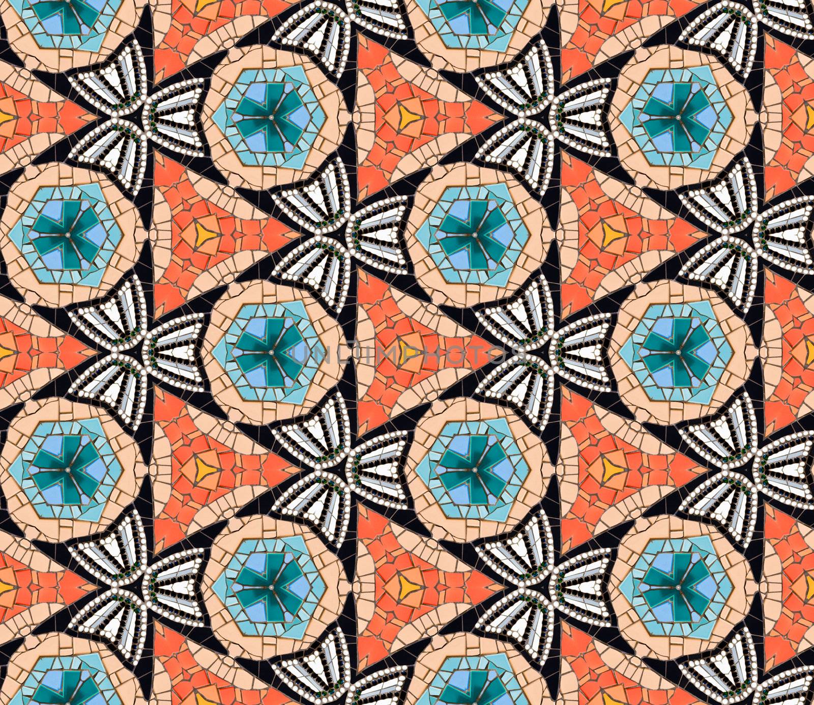 Seamless tiled mosaic pattern of kaleidoscopic altered hexagonal real ceramic tiles arranged to form colorful triangle shapes for a repeated textured background effect.
