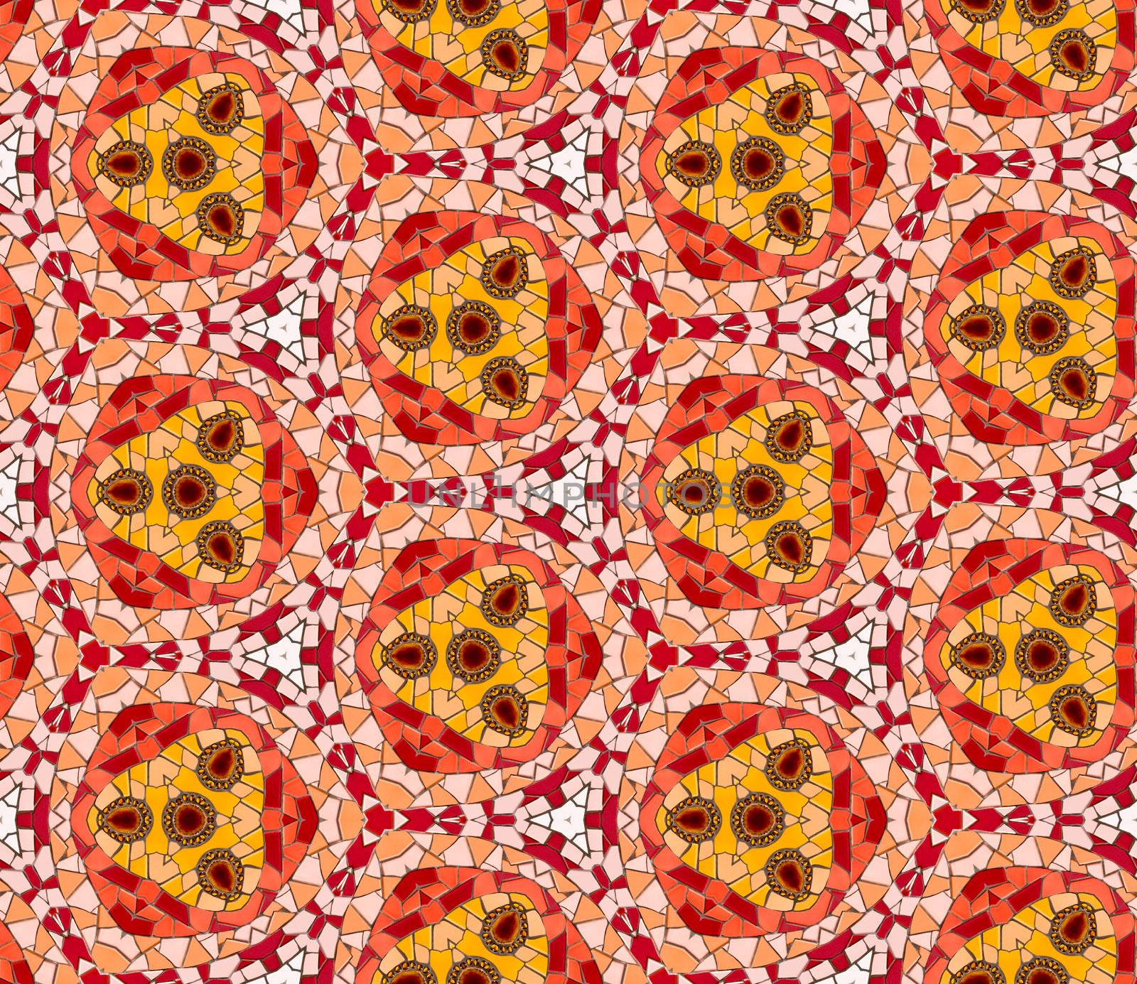 Seamless tiled mosaic pattern of kaleidoscopic altered hexagonal real ceramic tiles arranged to form colorful triangle shapes for a repeated textured background effect.