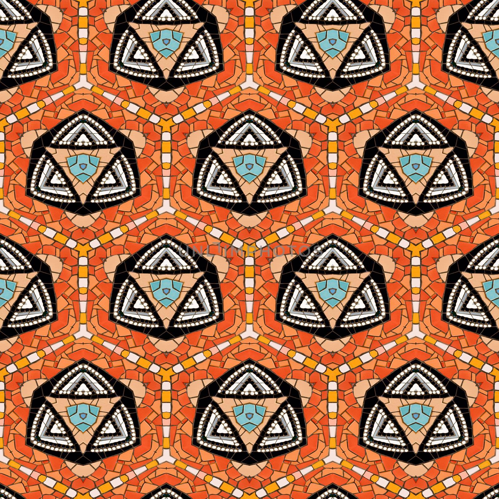 Seamless tiled mosaic pattern of kaleidoscopic altered hexagonal real ceramic tiles arranged to form colorful triangle shapes for a repeated textured background effect.