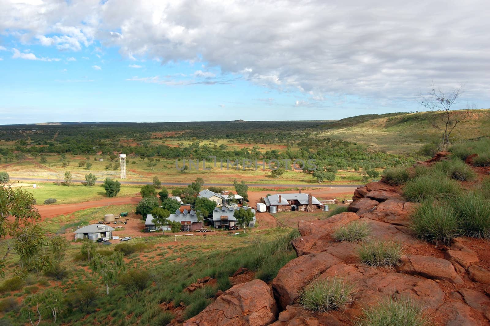 Service station in outback of Australia hill view