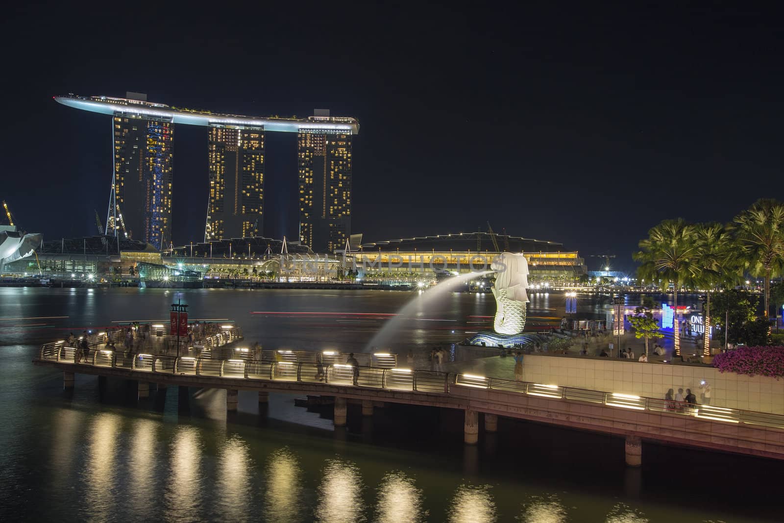 SINGAPORE - AUGUST 28: Singapore Merlion Park Along the Mouth of Singapore River at Night on August 28, 2010 is one of the top most visited tourist attraction in Singapore.