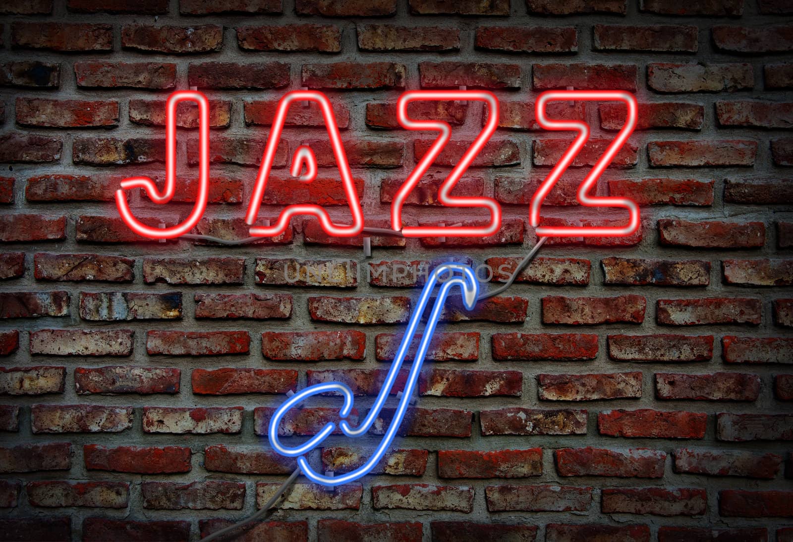 Glowing neon jazz sing on a brick wall. 